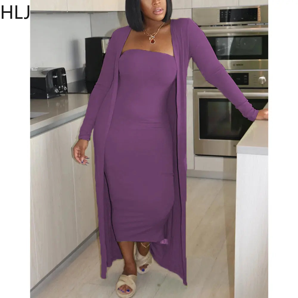 Maxy Casual Off Shoulder Bodycon Dress and Long Sleeve Cardigan Coats Women Solid Color Matching 2pcs Outfits Female Tracksuits