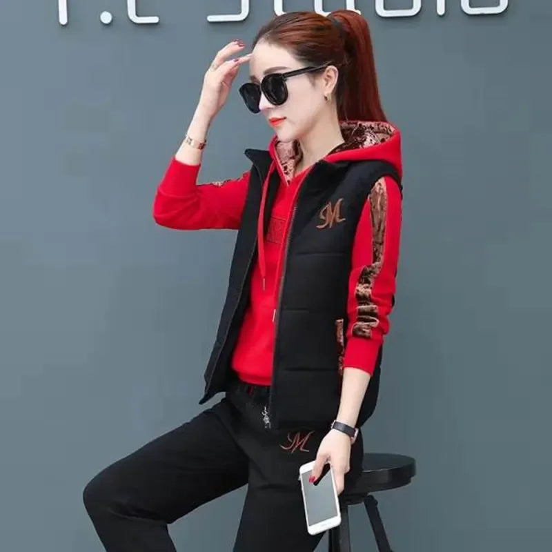 Women 3 Piece Set  Suit Tracksuit Winter Hoodies+Vest+Pants Track Suit Plus Velvet Warm Sporting Suits Female Clothes