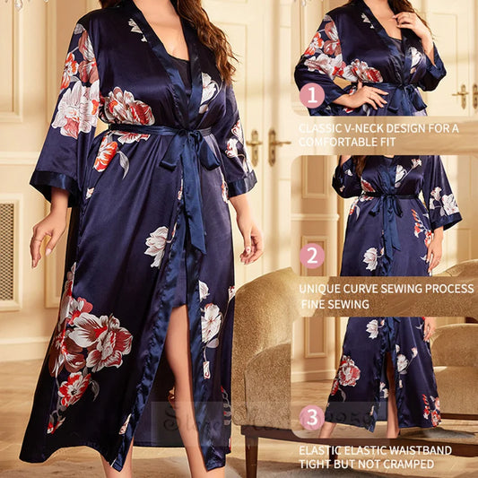 Maxy Large Size 3XL 4XL 5XL Female Robe Nightgown Print Flower Long Kimono Bathrobe Gown Sleepwear Loose Satin Home Dress Lounge Wear