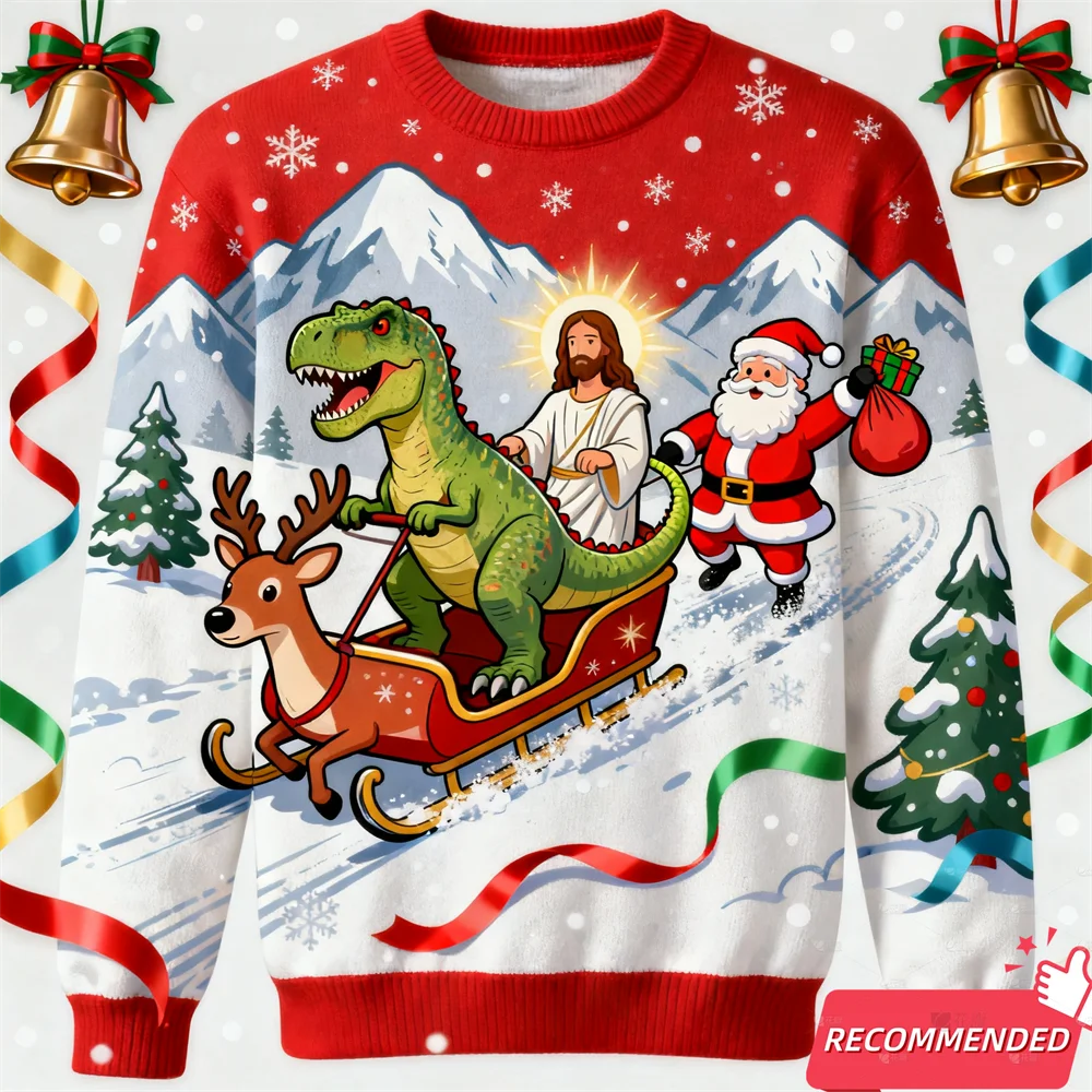 Maxy Christmas Sweatshirt For Men Dinosaur Funny Jesus Santa Ugly Sweater Fashion Unisex Streetwear Xmas Kids Y2k Tracksuit Tops
