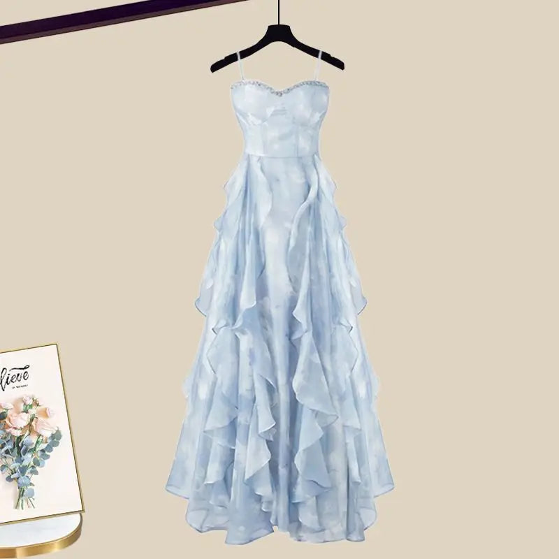 Maxy Summer Sun Protection Ice Silk Chiffon Shirt Ruffle Suspender Dress Two-piece Set Elegant Women's Dress Set Party Dress