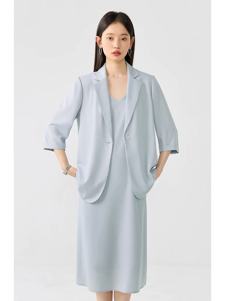 ZIQIAO Blazer Skirt Long Dress Women Summer Suit 2024 New Suspender Dress Three-pieces Set Casual Office Lady Commuting Suit