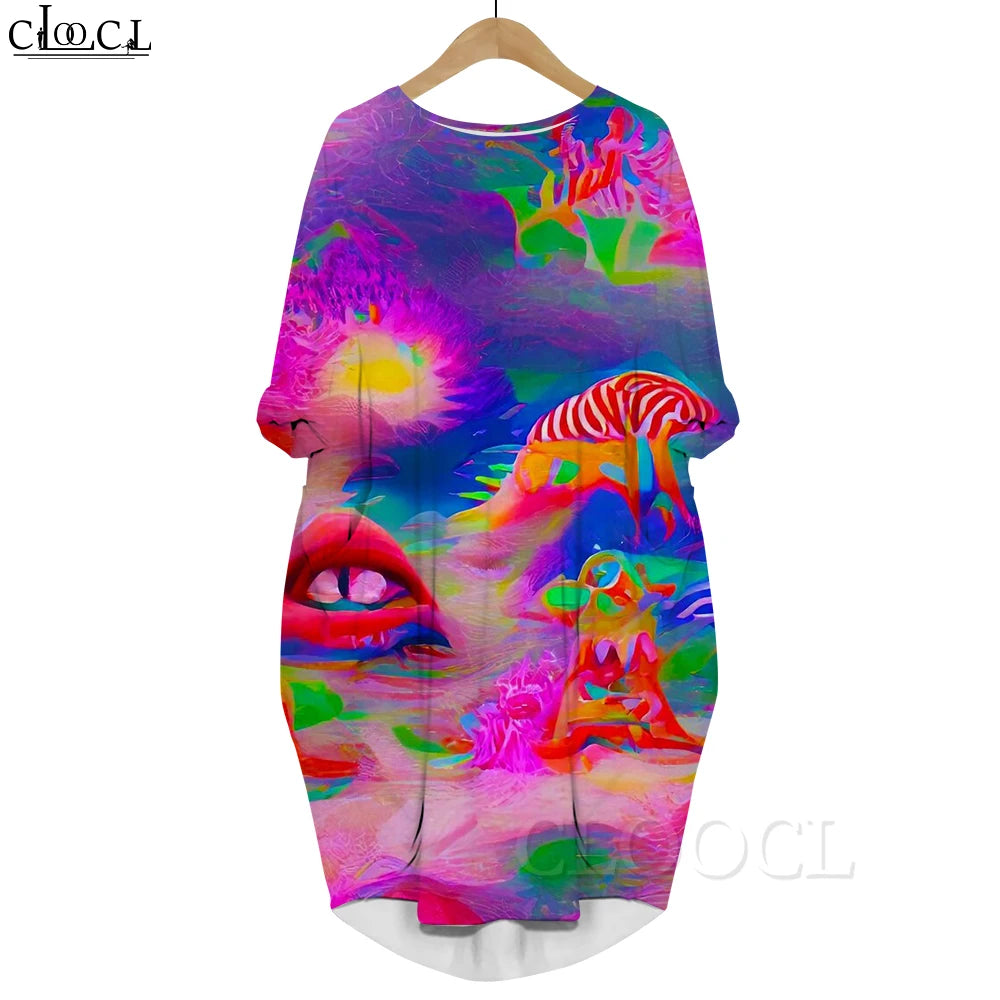 Macy Long Sleeves Dress Abstract Butterfly Graphics 3D Printed Party Dress with Pocket Mid-length Dress Oversized