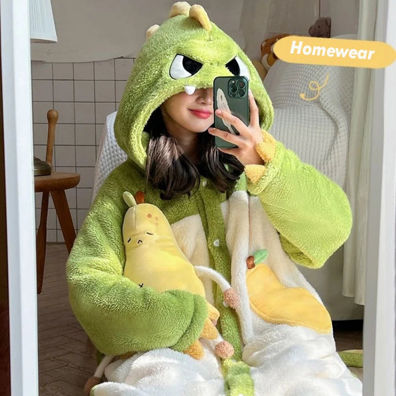 Zay Women's Onesies Flannel Cosplay Costume Dinosaur Panda Fox Animal Pajama Cartoon Hooded Sleepwear Halloween Christmas Nightdress