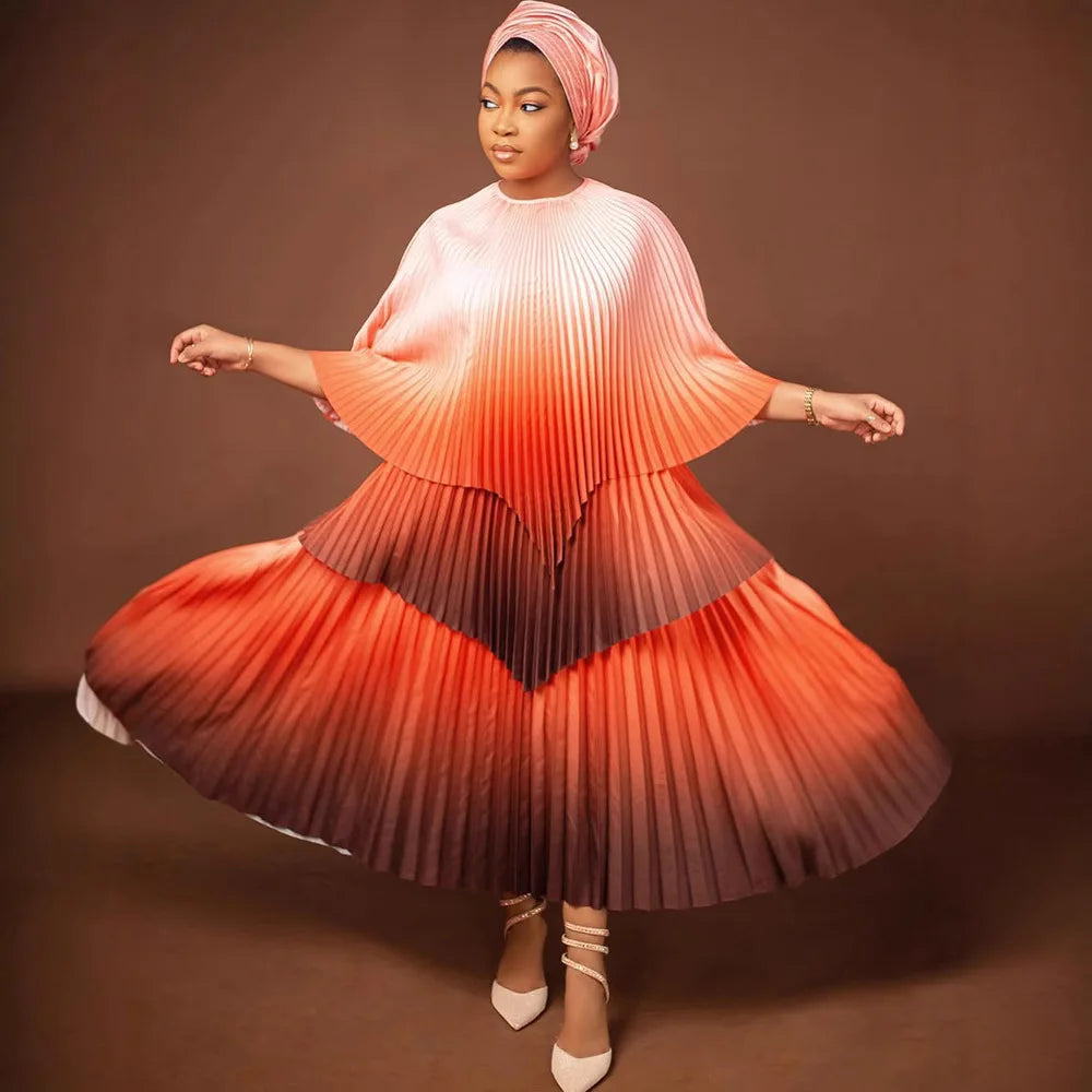 Maxy Fashion Plus Size Women Dress Miyake Pleated Gradient Color Ladies Clothing Irregular Shawl Top &  A-line Skirt New