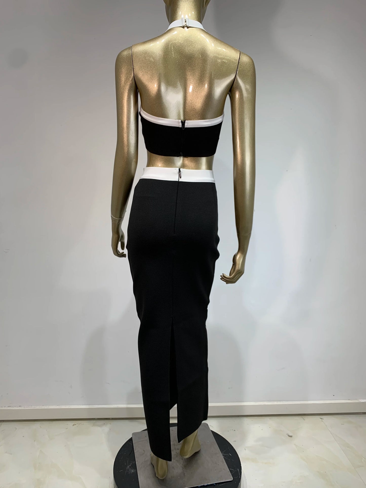Maxy Women Summer Sexy Backless Halter Rose Jacquard Black Two Pieces Skirt Bandage Set 2024 Celebrity Designer Fashion Women's Set