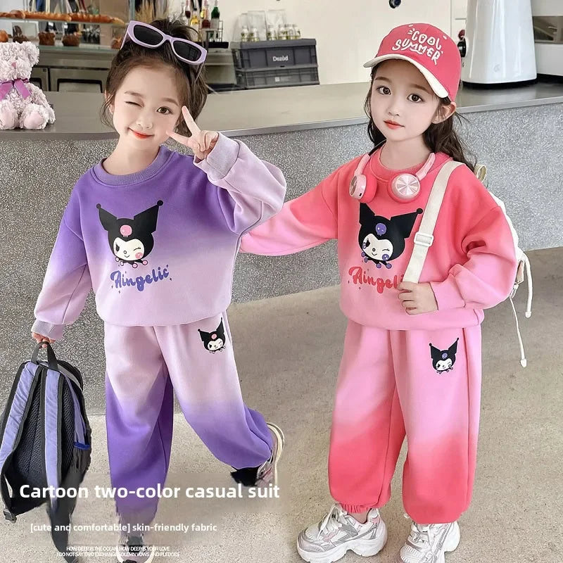 Maxy New Anime Sanrio Kuromi Cartoon Print Hoodies Sets for Girls Long Sleeved Top and Long Pant Children's Tracksuits Birthday Gifts