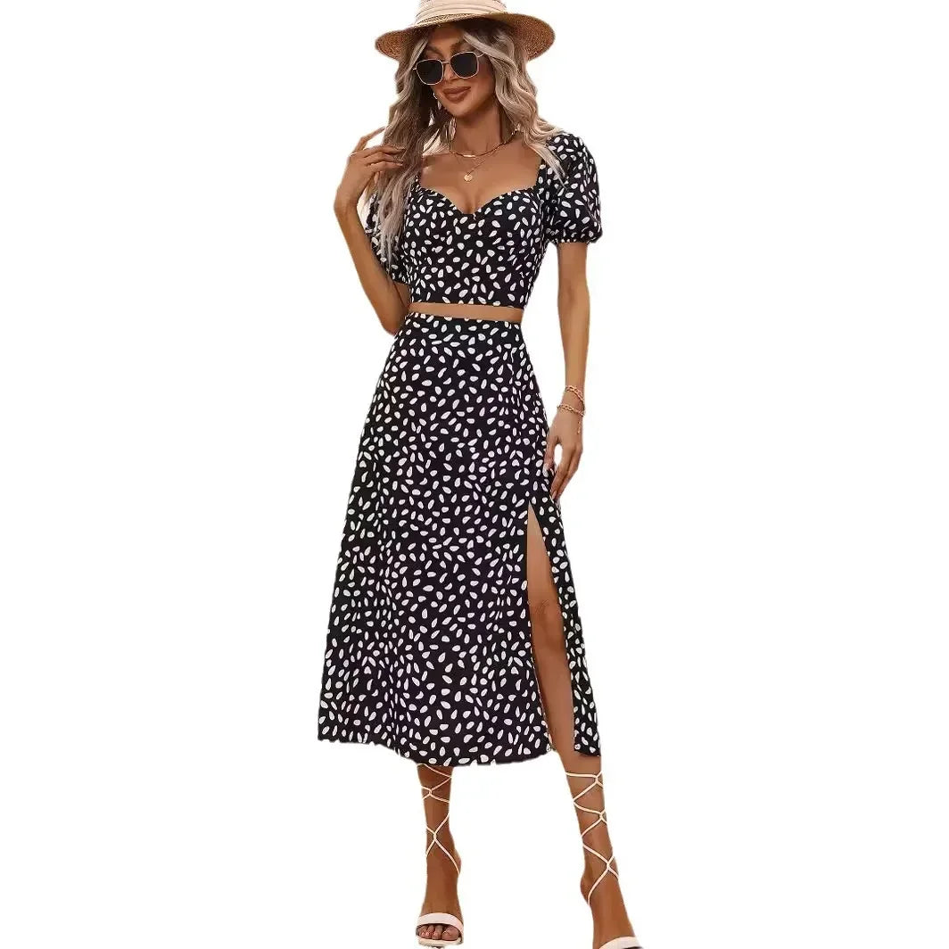 Maxy Woman Clothes Summer Printed Two Piece Sets Women Outifit Party Fashion V-neck Short Sleeve Tops and Long Slit Skirt Sets
