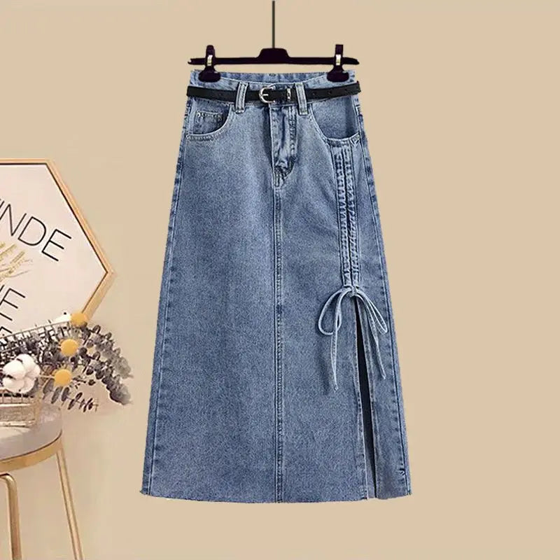 Maxy Spring/Summer Set Women's New Korean Style Western Versatile Top with Waist Wrap to Show Slim Denim Skirt Two-piece Set