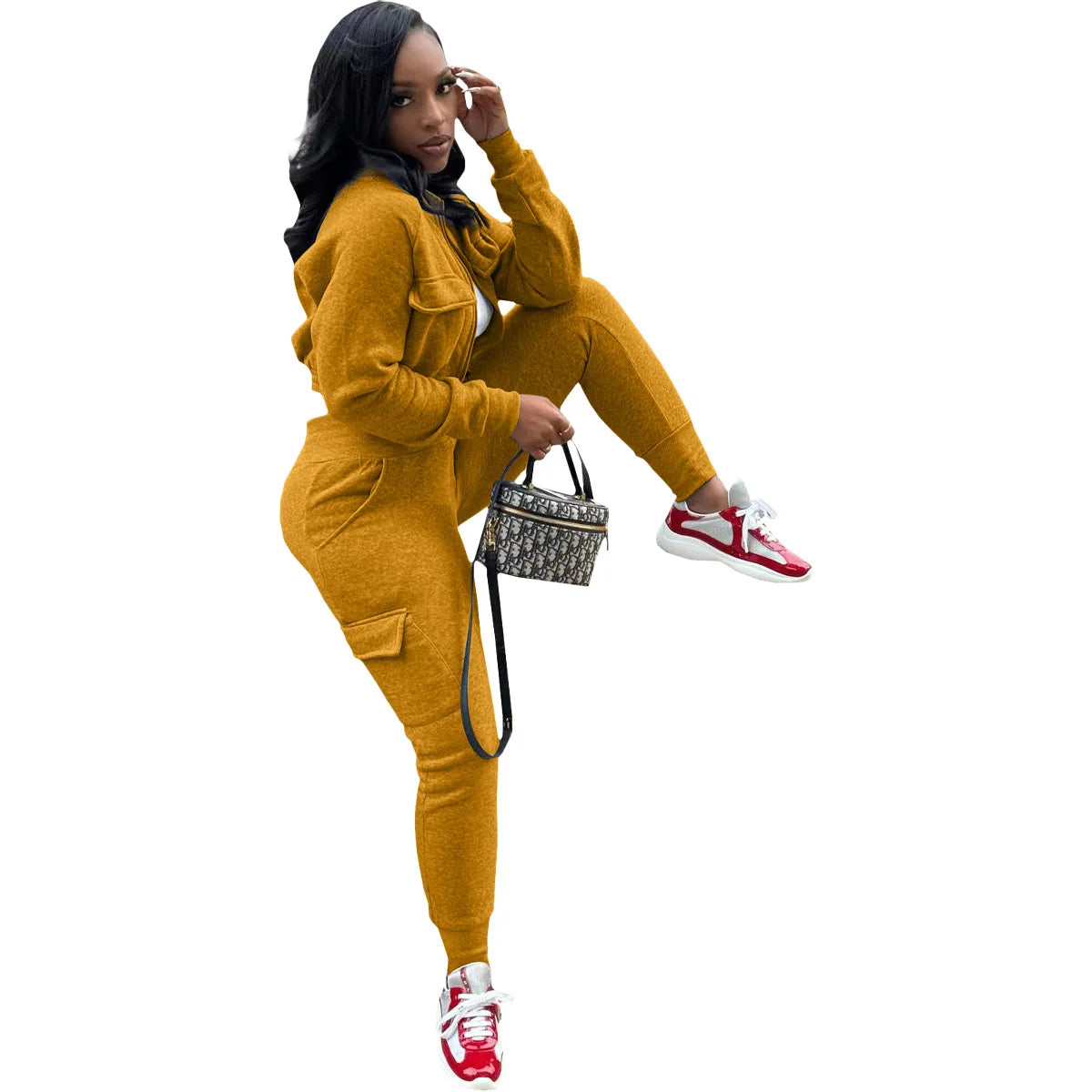 Two Piece Set Women Outfit Autumn Fashion Baseball Collar Plain Crop Zipper Sweatshirt Jacket & Drawstring Cuffed Sweatpants Set