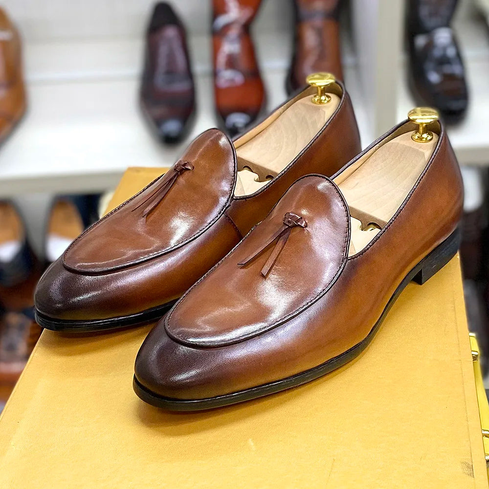 Amay Classic Italian Style Mens Tassel Loafers Genuine Calf Leather Dress Shoes Men Original Casual Business Wedding Formal Shoes