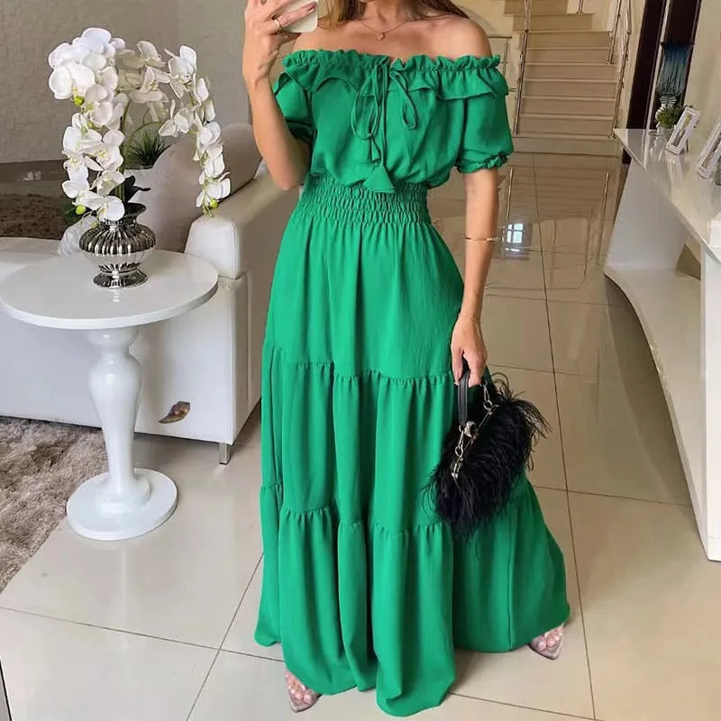 Maxy Summer Women Green Dress Fashion Elegant Short Sleeve Ruffles Maxy Casual Dresses Female Office Loose Dress