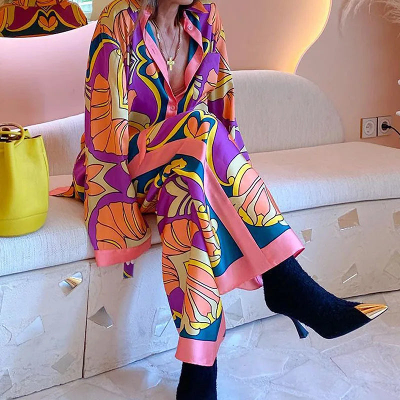 Women's Fashion Print Suit Retro Casual Suit Long Sleeve Long Pants 2-piece Set Women's Home Clothes Chic Autumn Suit