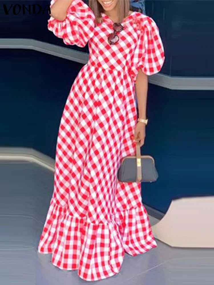 Maxy Plus Size Women Plaid Printing Dress Ruffled Summer Sundress Holiday Bohemian Puff Sleeve Vestidos Casual Party Robe