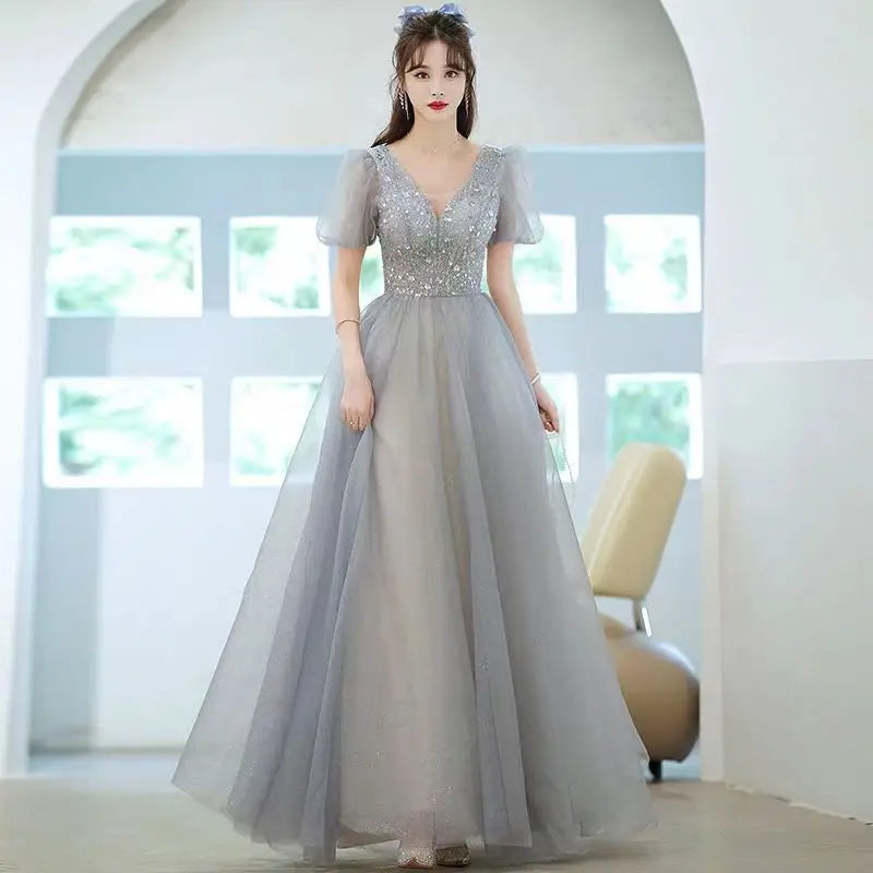 Maxy Puff Sleeve Long Prom Evening Dress for Women Mesh Party Formal Host Princess Evening Dresses Woman Elegant Glitter Party Gown