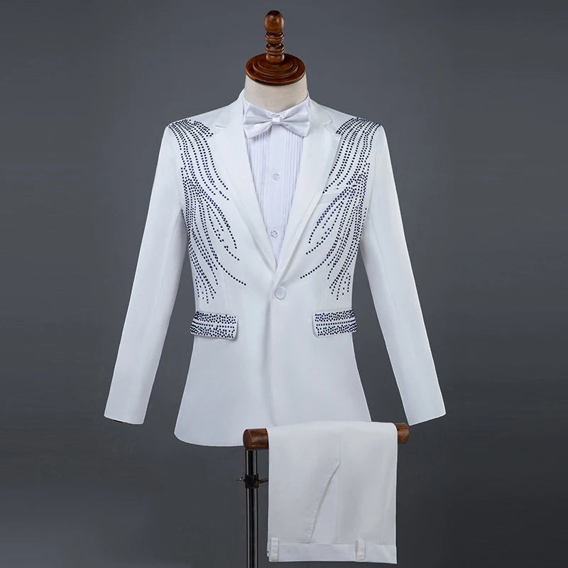Amay Royal Blue Sequin Embroidery Suit Men Wedding Groom Tuxedo Suits Pants Mens One Button Peak Lapel Stage Costume Traje Hombre 2XL
