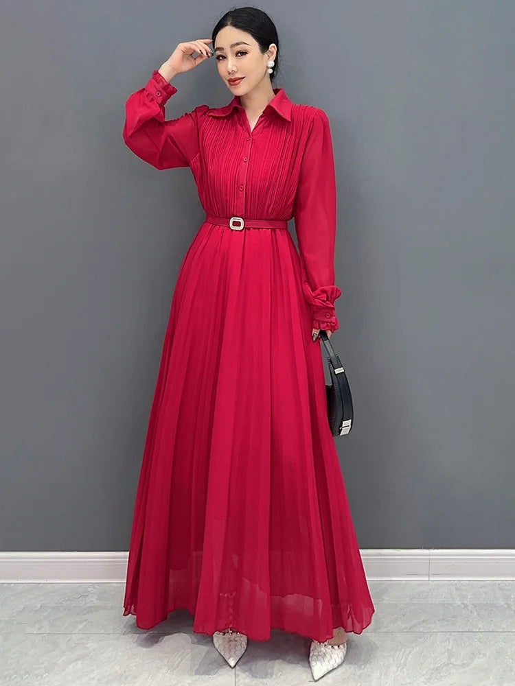 Babs SHENGPALAE New Fashion Versatile Dress for Women Long Sleeve Collar Button Trendy Casual Elegant Female Long Dresses 5C1314