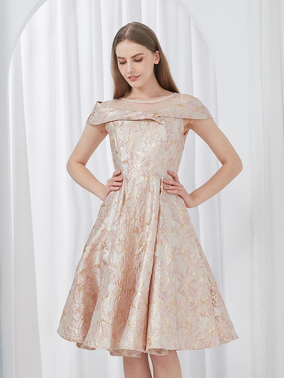 DEVCHATA Luxury New Short Evening Dress Women Jacquard Patchwork Embroidery Party Dress Elegant A Line Floral Ball Gown Vestido