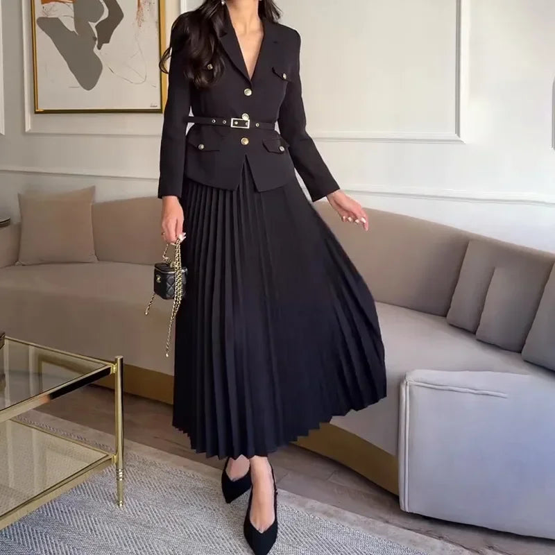 Maxy Women's Two Pieces Set Blazer Lady Pleated Long Dress Spring New in Matching Sets Button Temperament Elegant Women's Sets