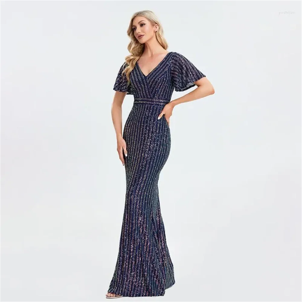 Maxy Party Dresses Short Ruffe Sleeve Evening Dress Shinning Sequins V-neck Floor Length Mermaid Robes Women Gowns
