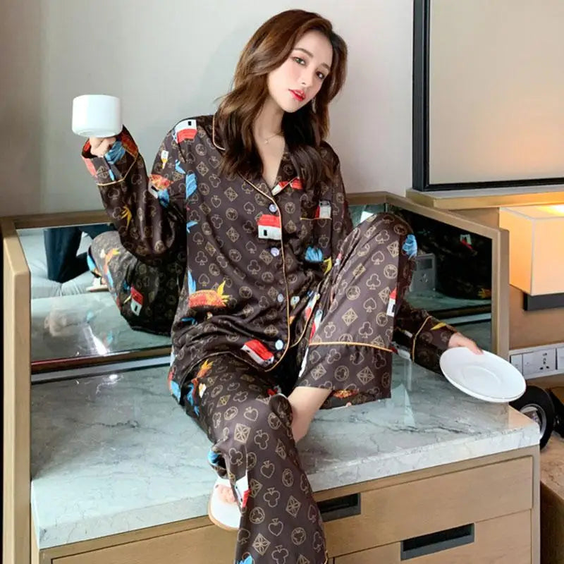 Maxy Pajamas Suit Women Satin Print Nightwear Casual 2PCS Pajama's Set Sleepwear V-Neck Intimate Lingerie Nightgown Comfy Home Wear