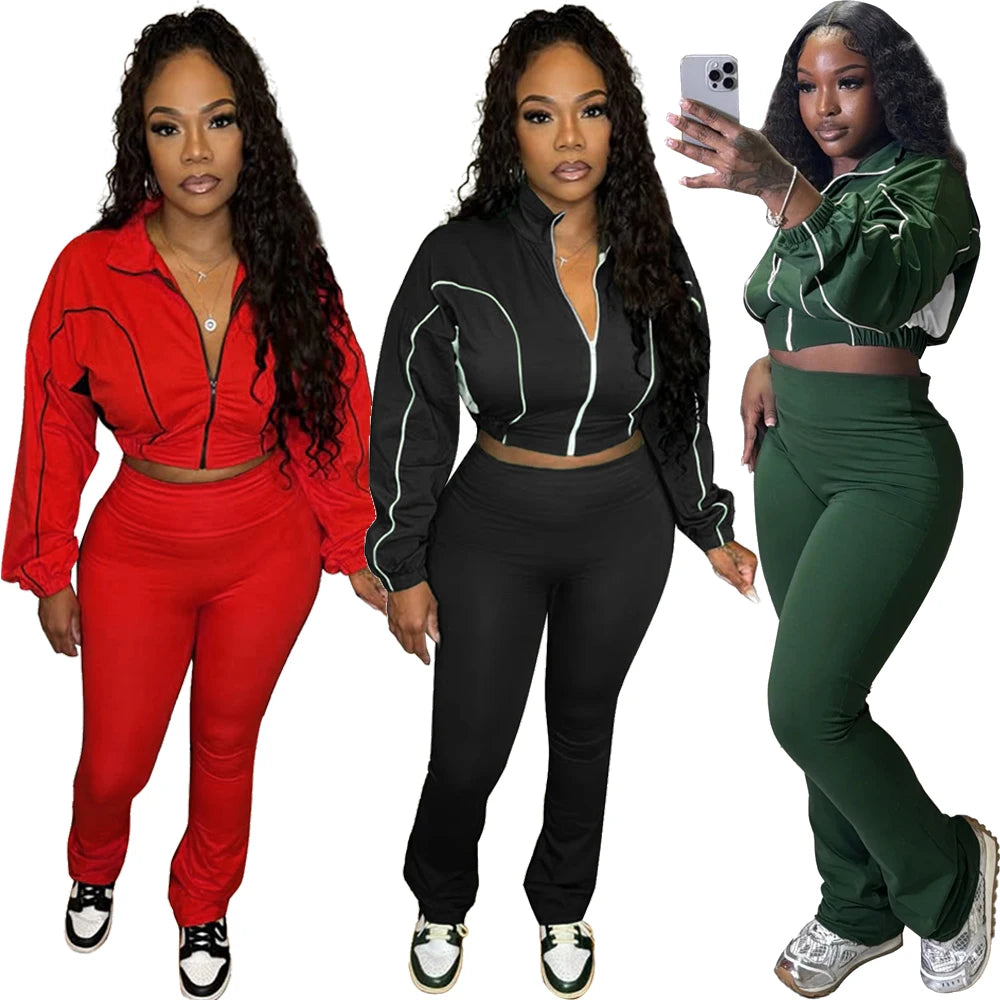 Maxy Trendy Women Clothes Contrast Color Tracksuit Zip Crop Jacket and High Waist Flare Pants Suit Sports Gym 2 Two Piece Set