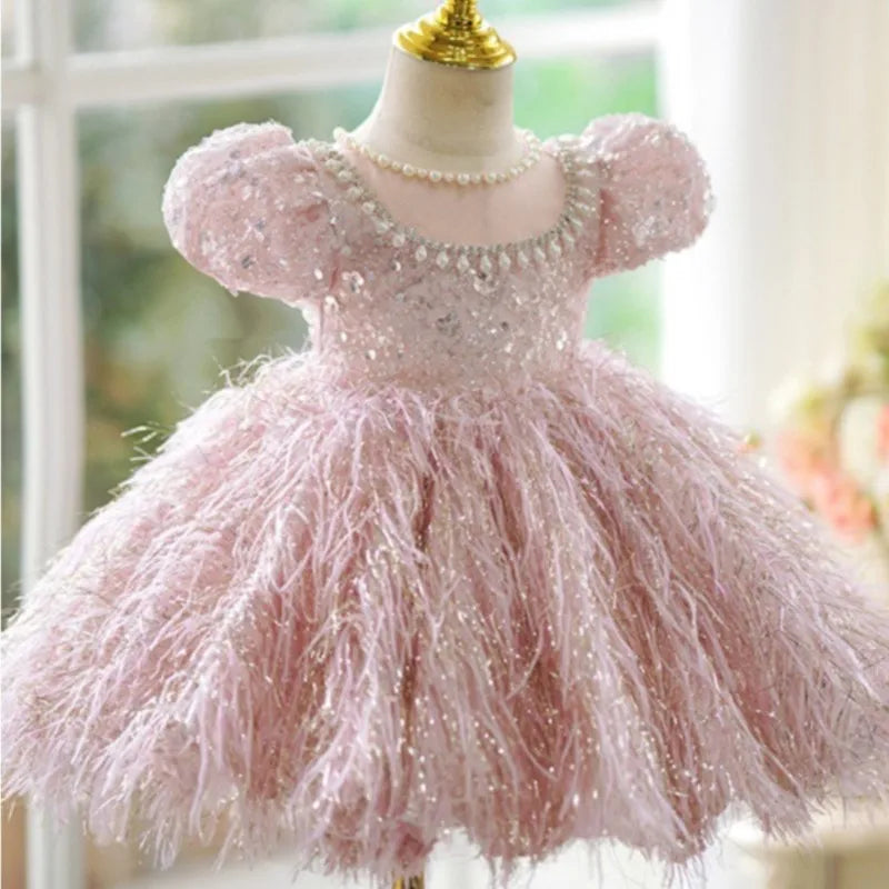 Maxy Fashion Baby Girl Princess Sequins Feather Dress Puffy Sleeve Toddler Child Pearl Vestido Party Birthday Baby Clothes 2-14Y