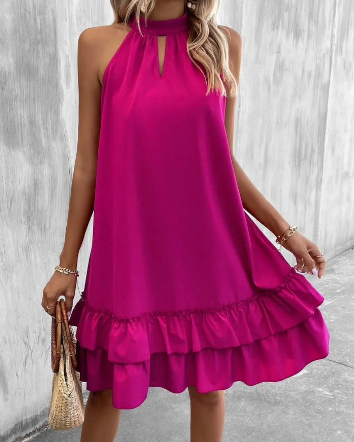 Summer New Solid Color Sleeveless Hanging Neck Series With Loose Ruffle Edge A-line Dress For Women's Fashion Midi Vestidos