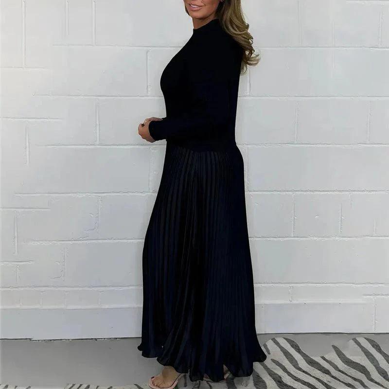 Maxy Women's solid color Long Sleeve Jumper Pleated Bottom Dress S-3XL Elegant and stylish pleat dresses with round neck for women