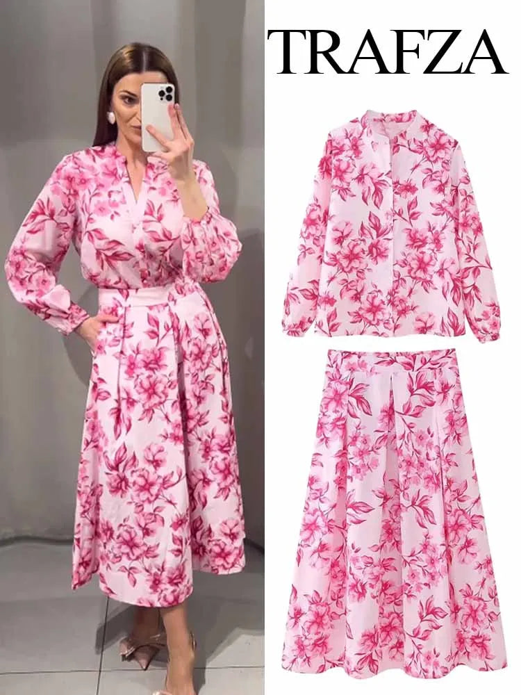 TRAFZA Women 2 Piece Set Floral Print Long Sleeves Single-Breasted Shirts Casual Tops+Elegant High Waist Zipper Slim Long Skirt