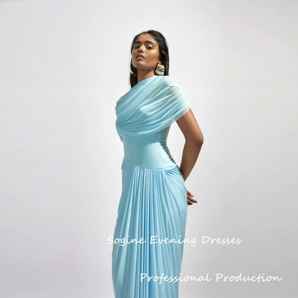Maxy Sky Blue Evening Dresses Customized Chiffon Sheath/Column Prom Dress High Collar Pleat Cap Sleeve Valentine's Day Long Gown