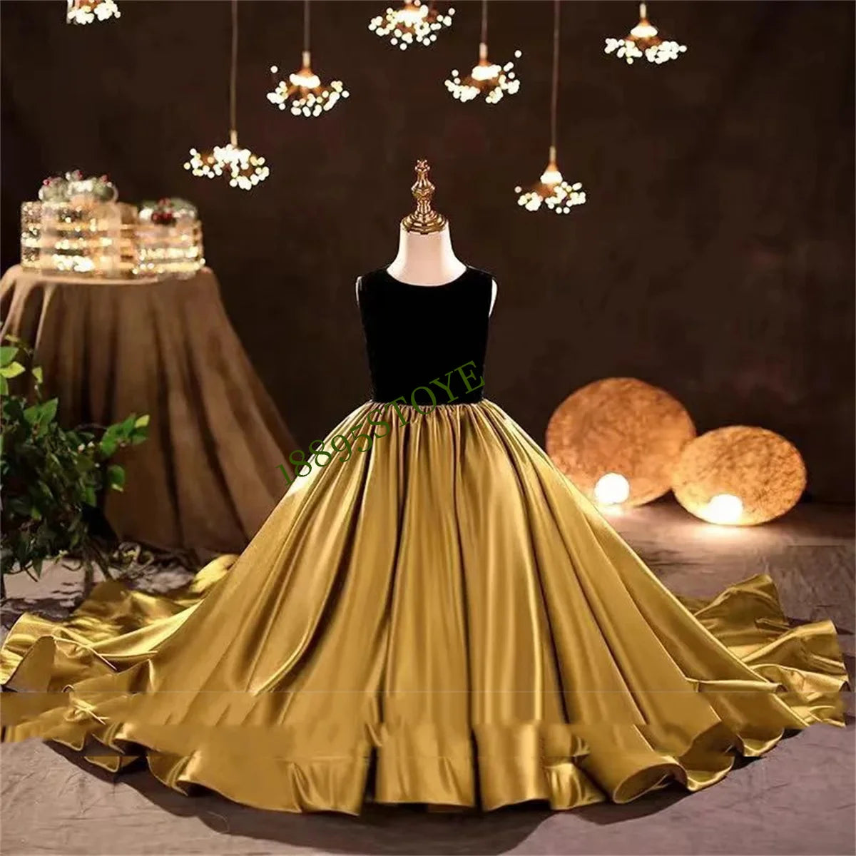 Maxy Customized Gold Pretty Dress Flower Girl Dresses for Wedding Pageant Big Bow Ball Gowns Applique Tulle Elegant Beach Party D