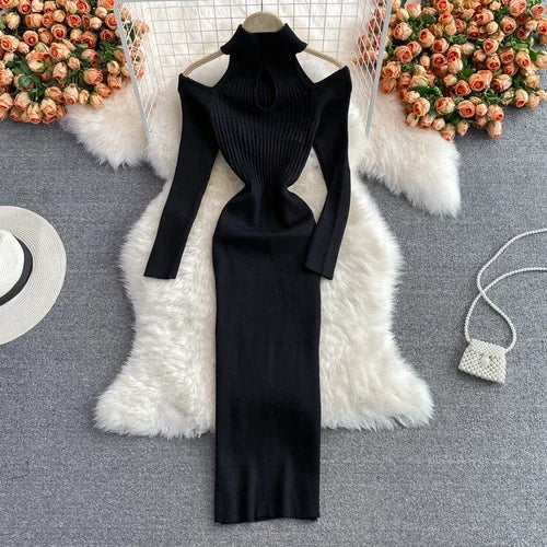 Amay Gagarich Woman Chic Knitting Dresses Autumn New Ins Stand-up Collar Tight-fitting Hollow Out Hip Strapless Stretch Vestidos