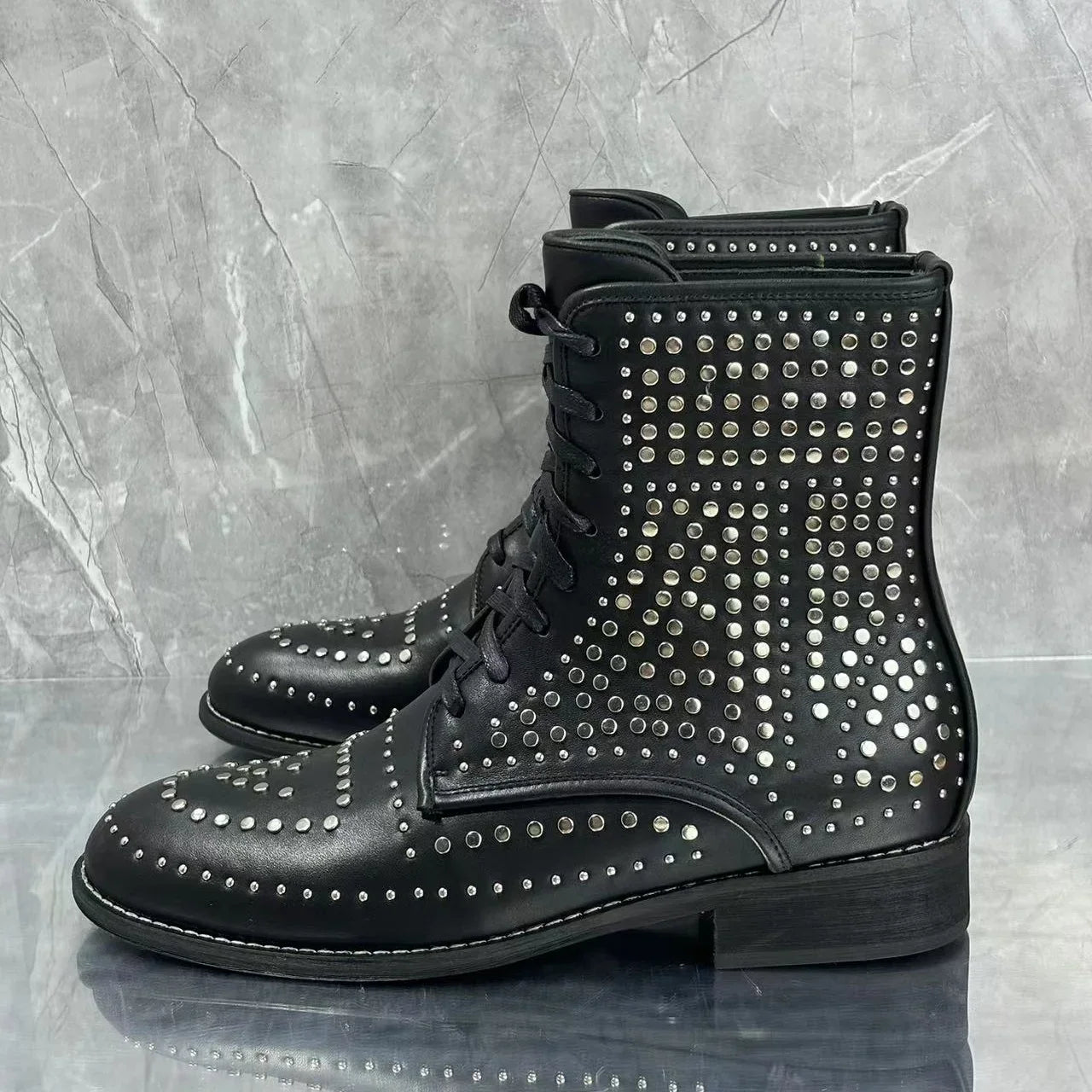 Visco New Black Men's Calf Boots Round Toe Lace-Up Low Heel Rhinestones Inset Punk Style Street Short Botas Large Size Men Shoes