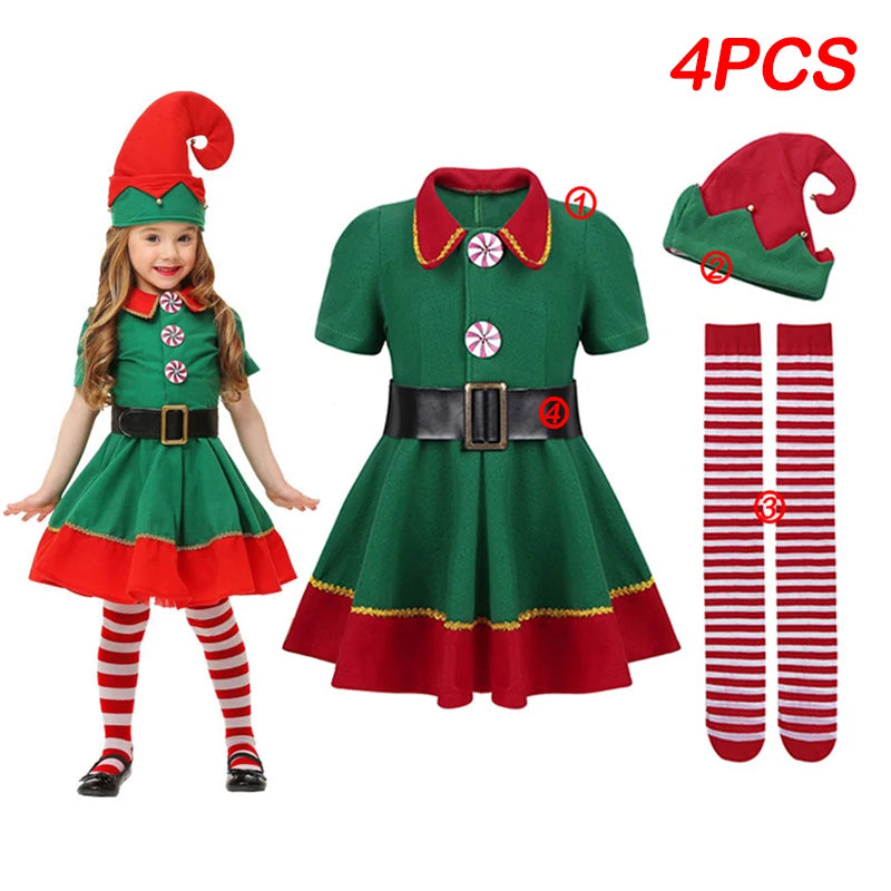 Maxy Costume For Kids Girl Green Santa Claus Suit Set with Hat Children Fancy Christmas Party Dress Set Performance