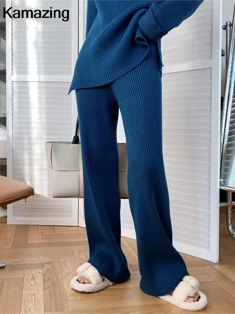 Amay Women's Knitted Two Piece Set Thick Sweater Tracksuits Autumn Winter Casual Pullover Wide Leg Pants Suit Harajuku Female Clothes