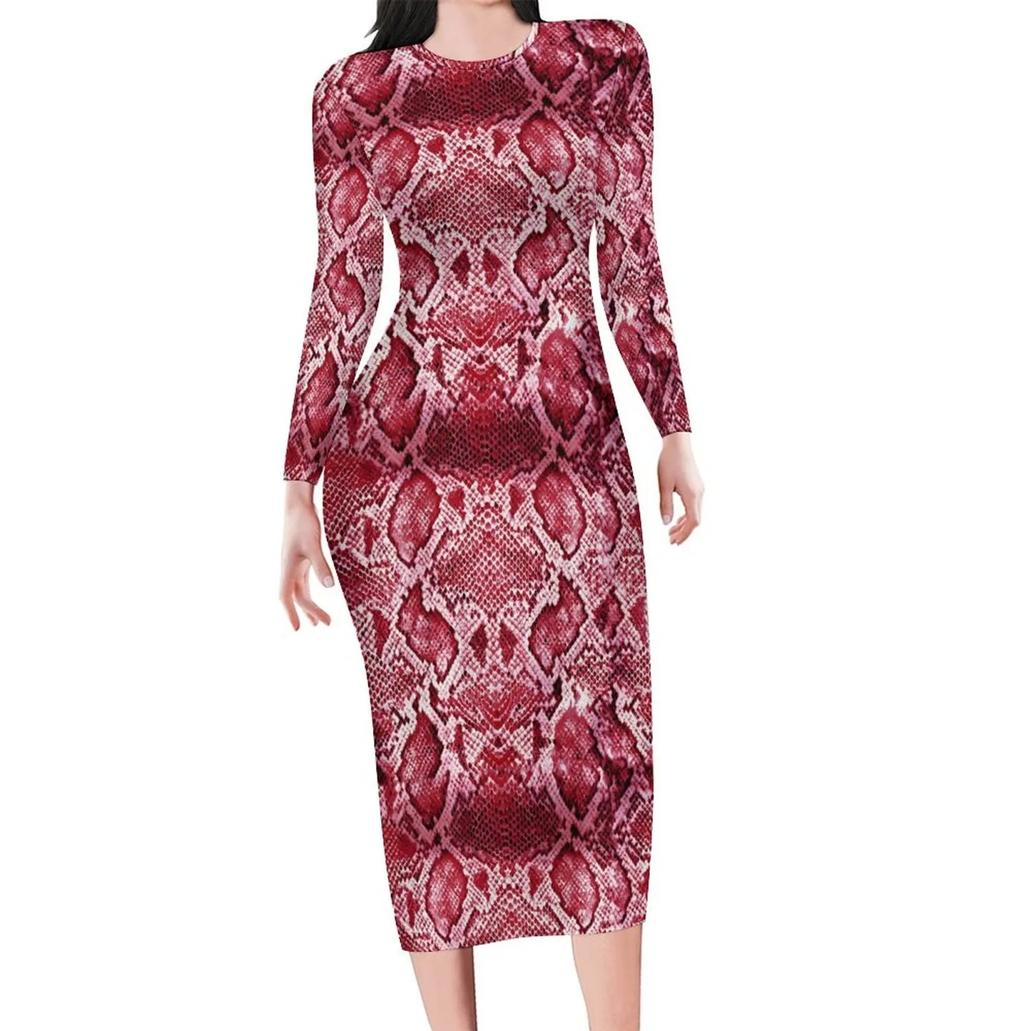 Amay Snakeskin Bodycon Dress Ladies Pink Snake Print Kawaii Dresses Autumn Long Sleeve Street Fashion Custom Dress Big Size 4XL 5XL