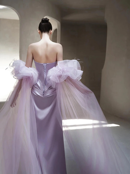 Maxy Elegant Purple Satin Evening Gown for Women New Strapless Wedding Dress Bridal Party Celebration Long Floor Length Dress