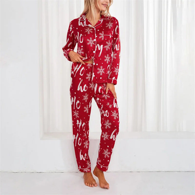 Maxy Autumn Women Pajamas Set Print Christmas Sleepwear 2Pcs Red Buttons Lapel Neck Shirt Tops + Elastic Waist Pants Sets Loungewear