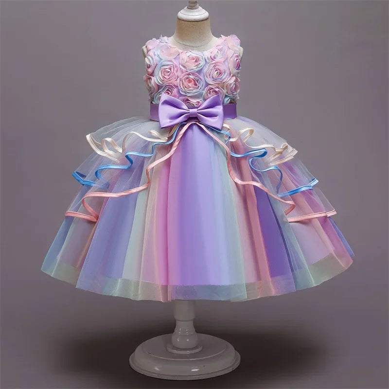 Maxy Girls Rainbow Tulle Dresses Kids Wedding Tutu Layers Cake Princess Elegant Party Prom Dress Children Communion Evening Clothes