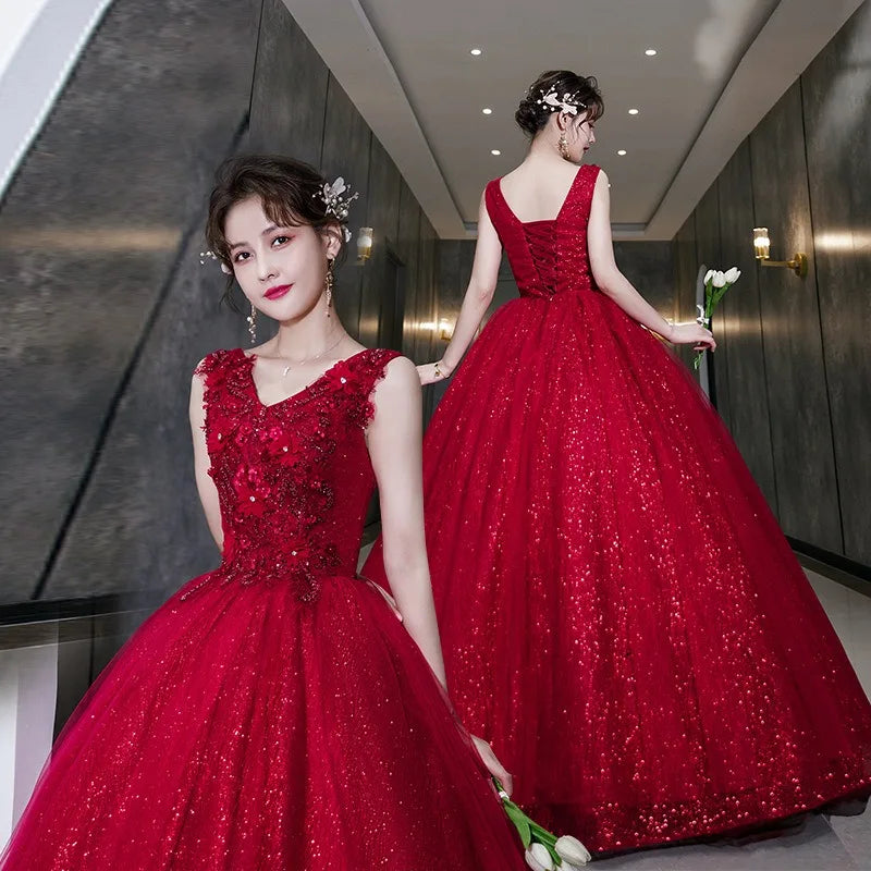 Maxy New Women's Wine Red Embroidered Decal Evening Dress Fashionable Slimming Banquet Art Exam Stage Grand Display Dress