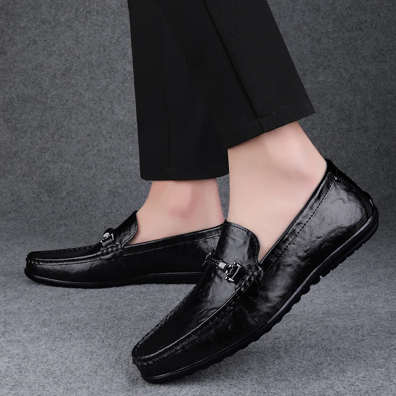 Amay Metal Buckle Brown Loafers Genuine Leather Mens Business Formal Shoes Comfortable Casual Shoes Driving Footwear Breathable Mens