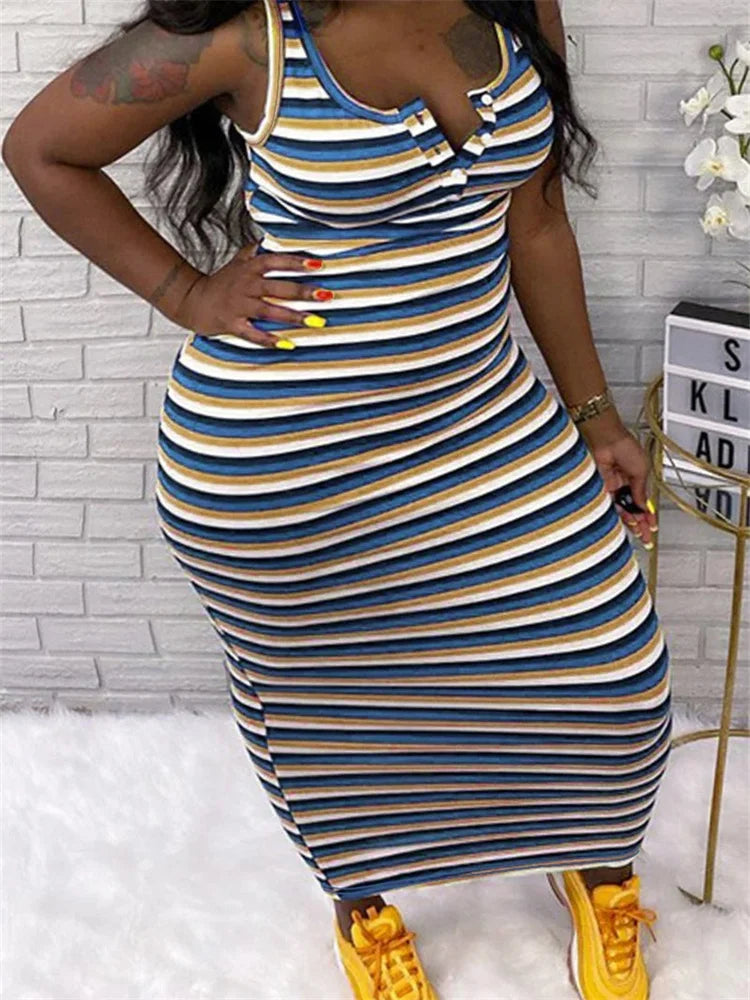 Wmstar Plus Size Dresses for Women Striped Printed Sleeveless Fashion Party Bodycon Stretch Maxi Dress Wholesale Dropshipping