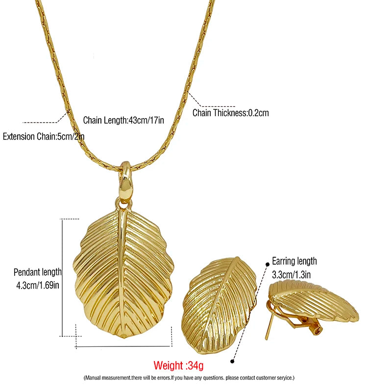 Women Necklace Earrings Set Plant Leaf Pendant 18k Gold Plated Fashion Jewelry Wedding Party Accessories