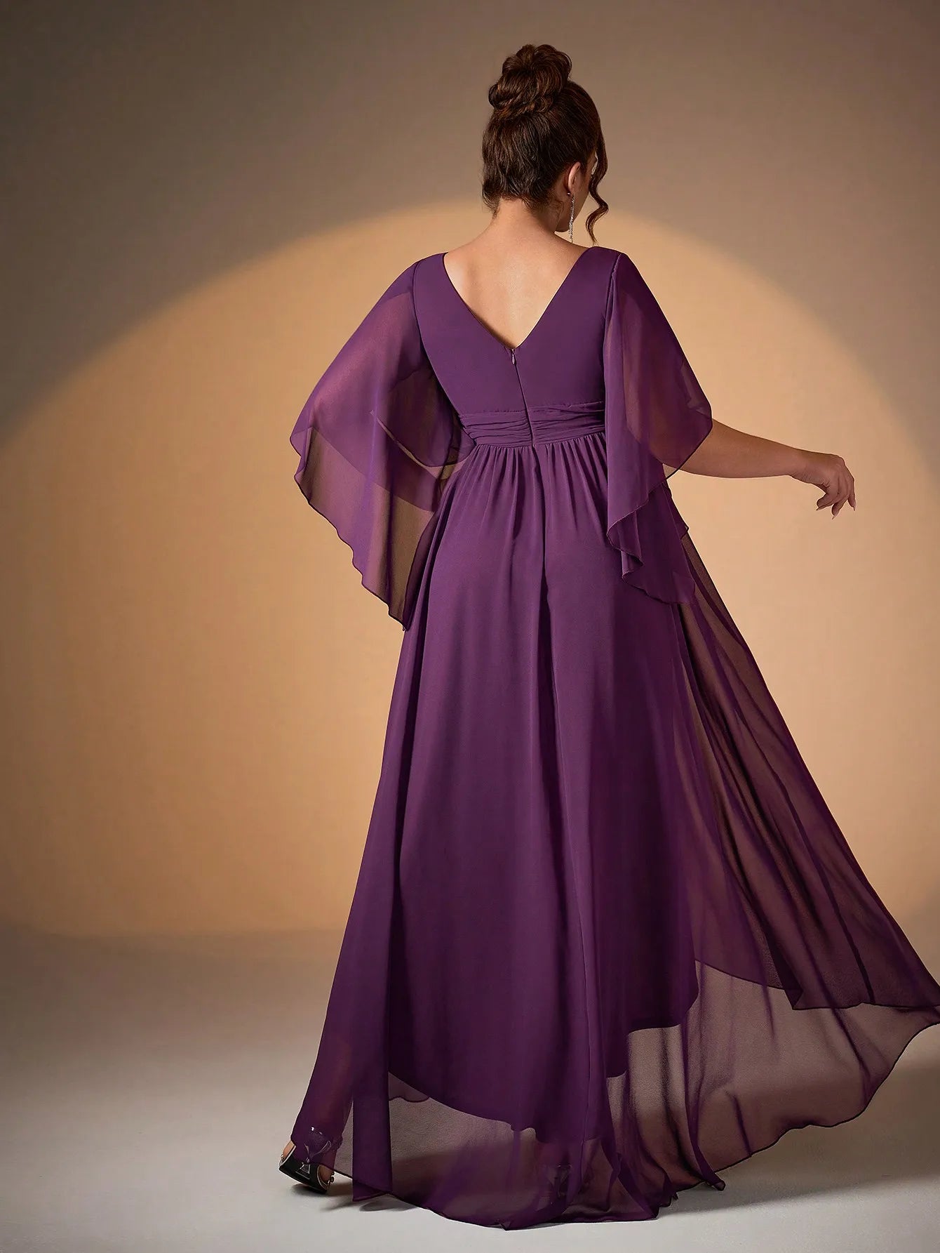 Maxy Miacid-neck pearl chiffon irregular sleeves with a shorter front and longer back hem high-end evening dress