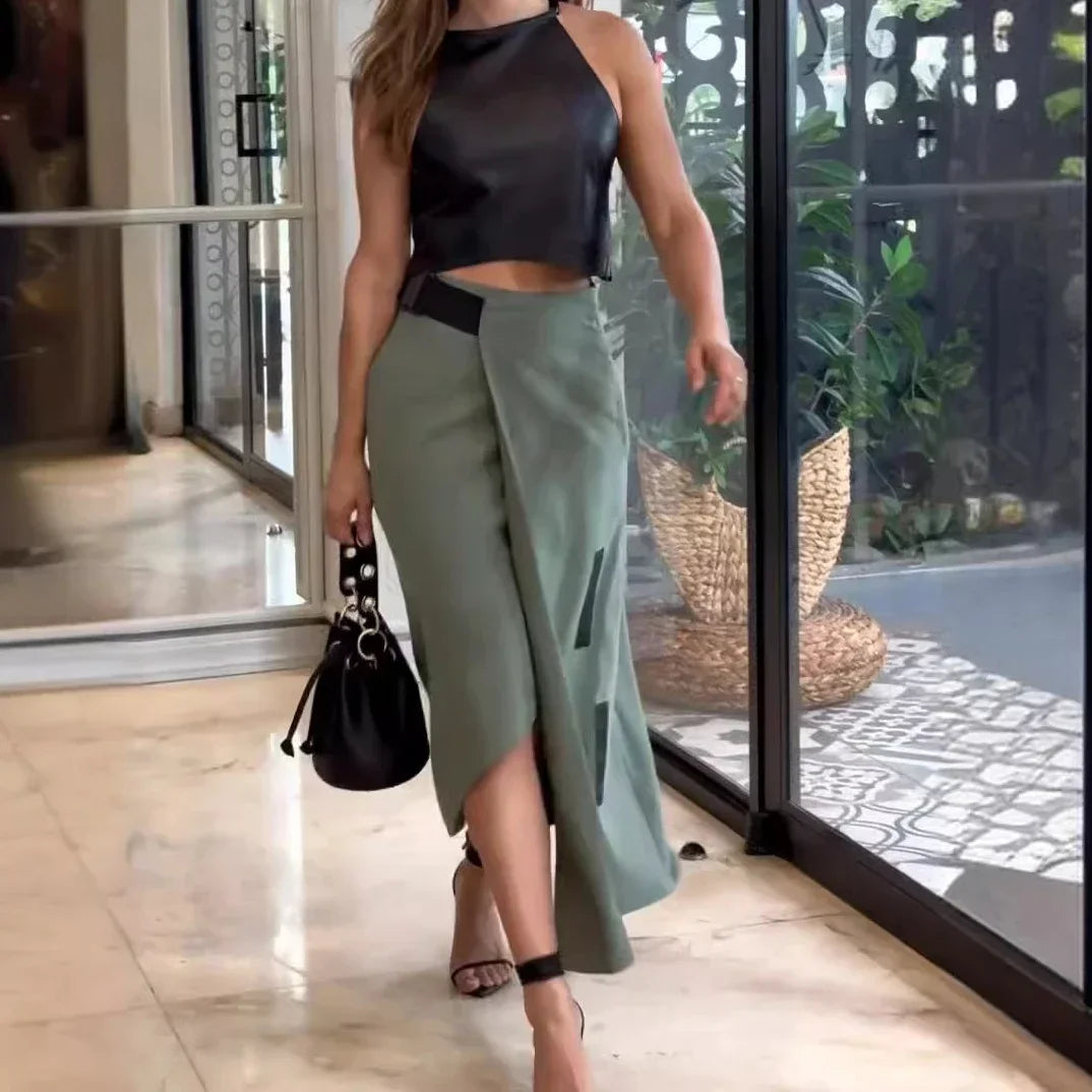 Maxy Elegant Dress Sets Women Striped PU Crop Top Straight Irregular Long Skirt Two Piece Set Tank Top Work Summer Sexy Matching Sets