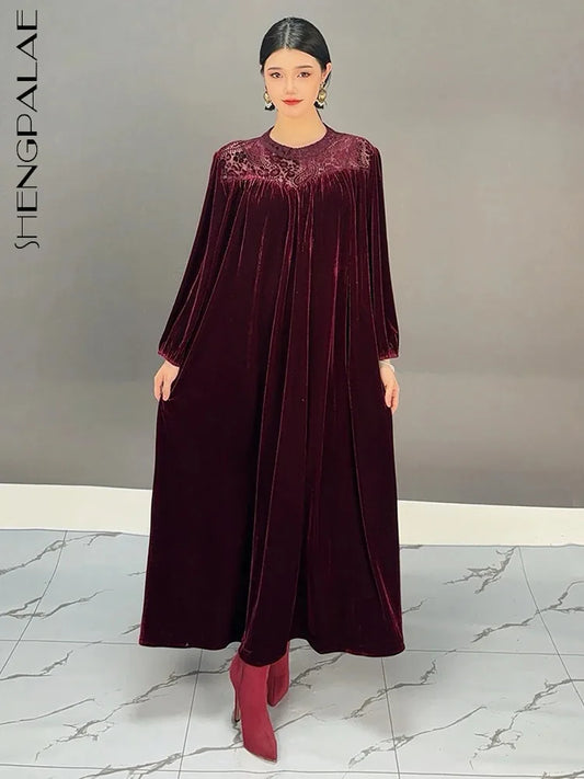 Maxy SHENGPALAE Velvet Print Long Dresses Women Round Collar Full Sleeve A Line Solid Color Wedding Party New Dress 5C1681