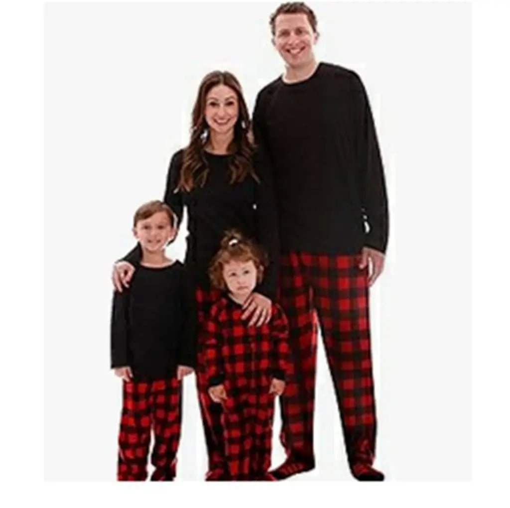 Maxy Family Matching Christmas Pajamas Loungewear Set Long Sleeve Solid Color T-Shirt Tops + Plaid Pants Holiday Sleepwear