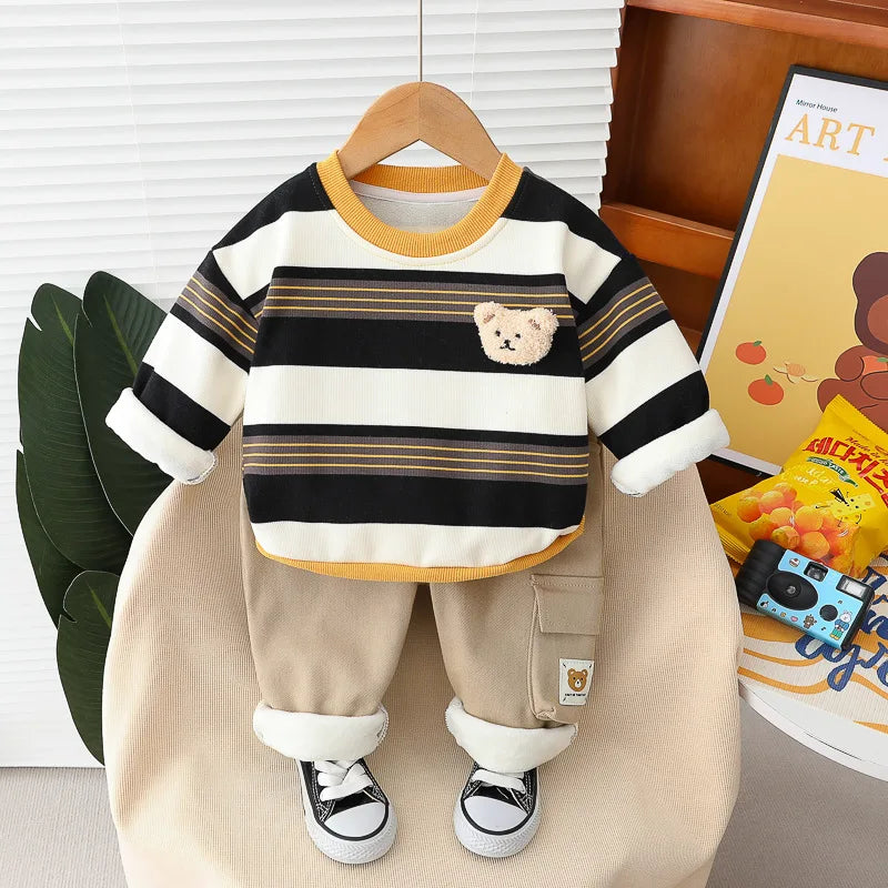 Maxy Children Clothing Sets Autumn Winter Baby Boys Stripe Sweatshirt Pants Warm Plush Toddler Kids Tracksuit Infant Clothes Outfits