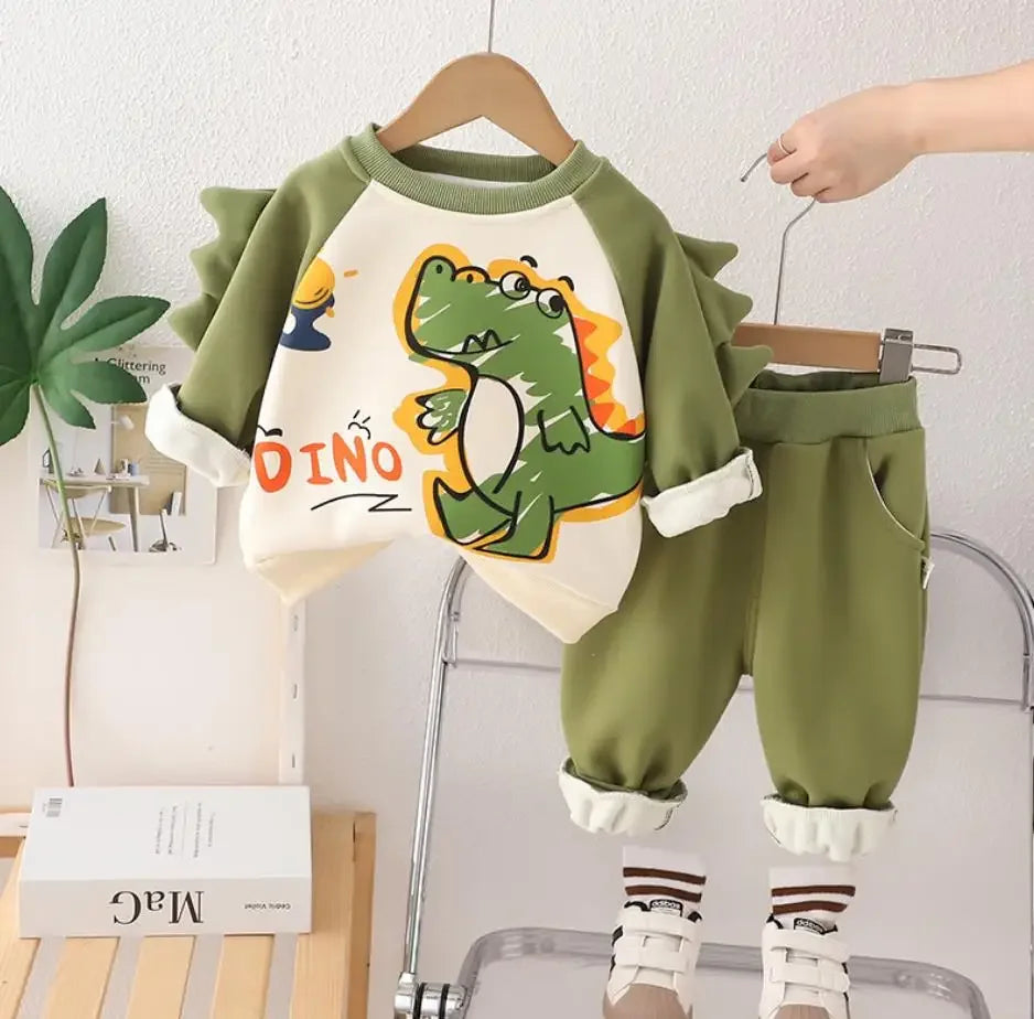 Maxy Baby Boys Clothes Toddler Sets Autumn Winter Casual Print Dinosaur Fleece Pullover Sweatshirt+Pants Boutique Outfits